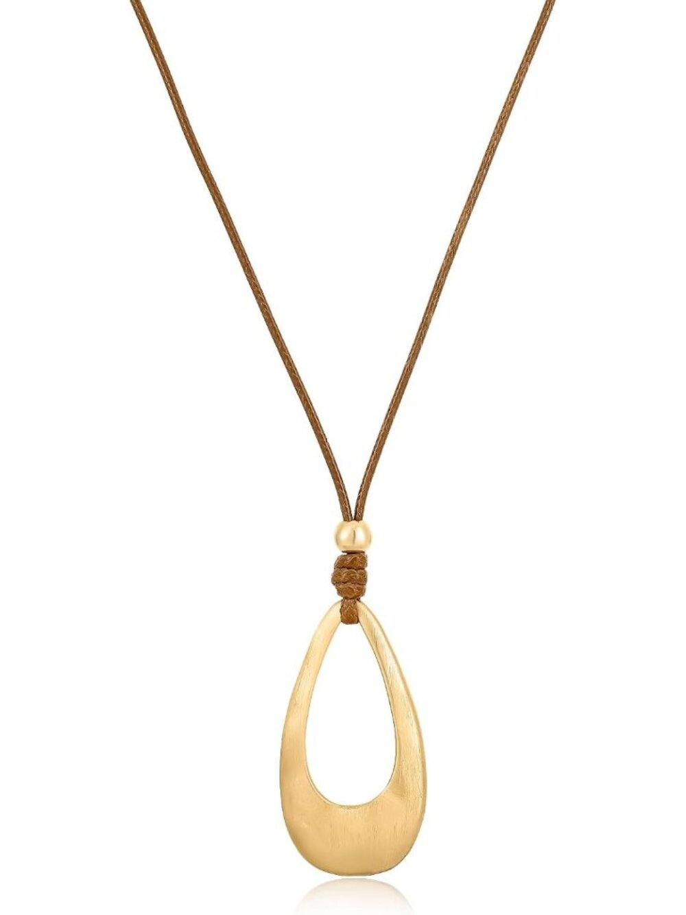 Women's Brushed Gold Teardrop Pendant Long Adjustable Brown Cord Necklace